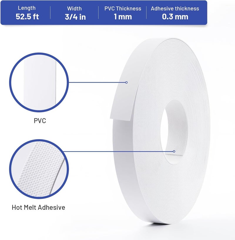 FAKILO PVC Edge Banding 3/4 inch x 50 ft Veneer Edge Banding White with Hot Melt Adhesive Pre - glued Iron on Edging Tape Trim for Cabinet Plywood Repairs and Furniture Restoration - Image 2